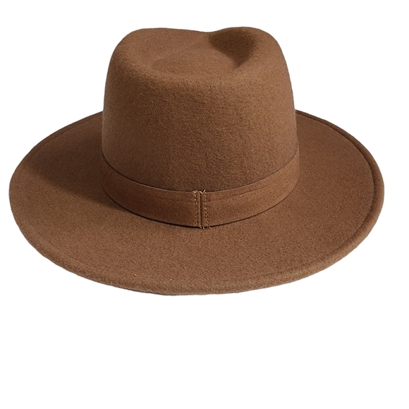 Nine West Plain Pinched Fedora Wide Brim Brown Hat - Picture 2 of 6